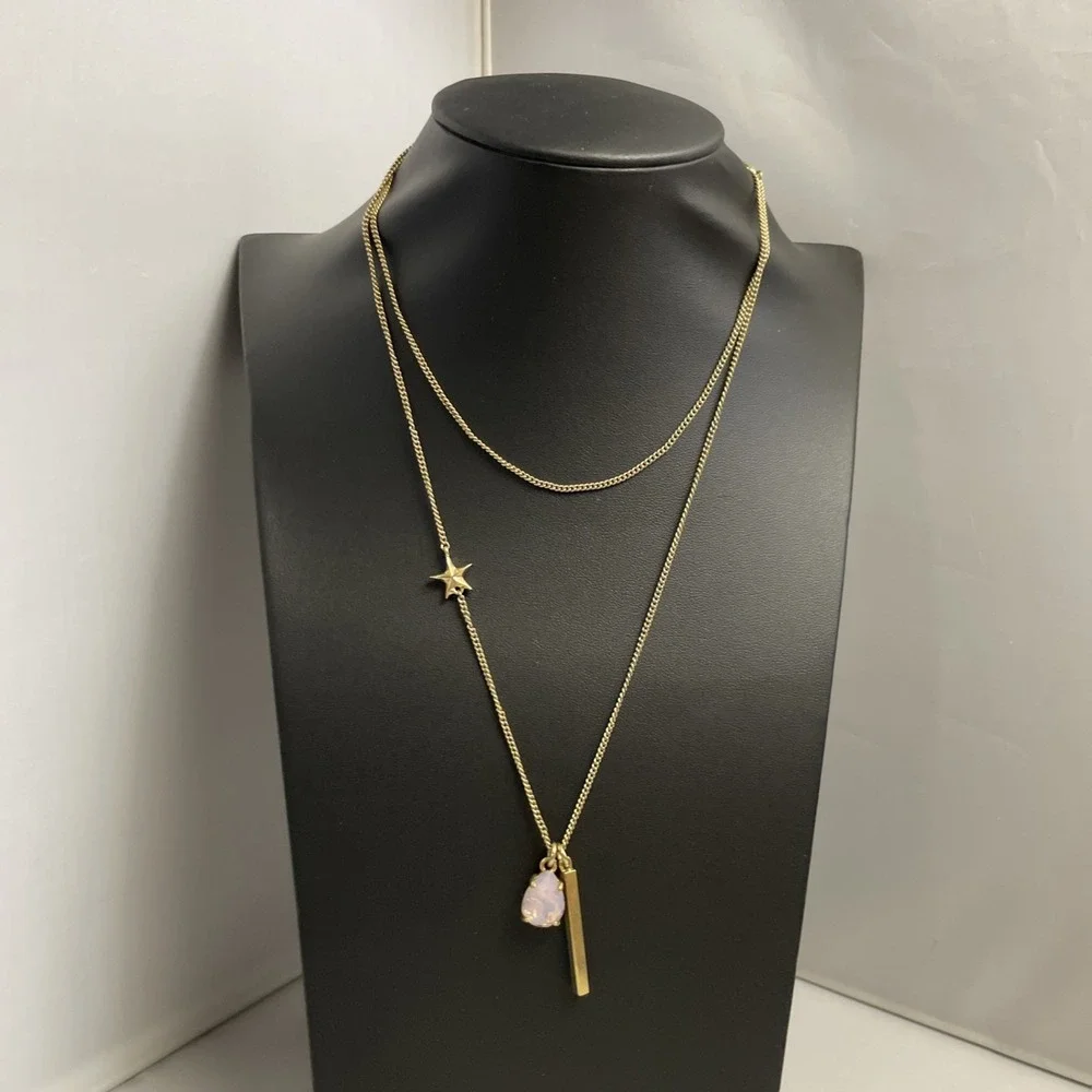 J Crew Long Necklace Rhinestone Bar Charm Star Gold Tone Jewelry - Picture 3 of 13